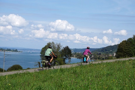 Zwei Radler fahren am Untersee entlang auf Mammern zu.