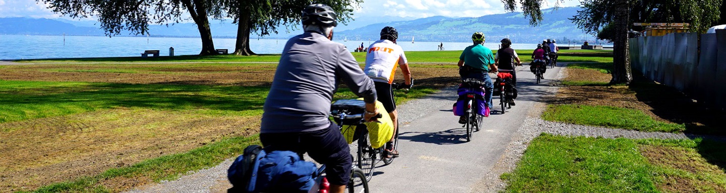 Eine Radlergruppe fährt am Ufer des Bodensees entlang.