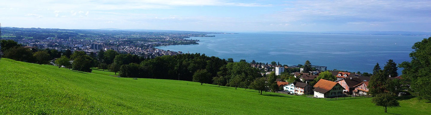 Blick auf Rorschach und den dahinterliegenden Bodensee.