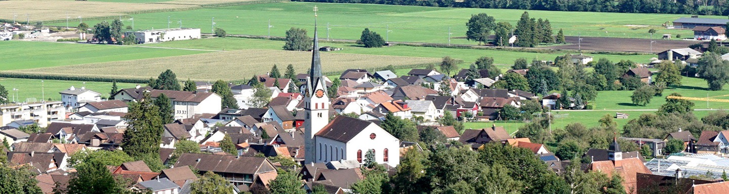 Schöner Blick auf Marbach im St. Galler Rheintal mit seiner katholischen St.-Georgs-Kirche.