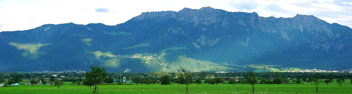 Hohe Berge überragen das sattgrüne St. Galler Rheintal bei Gams.