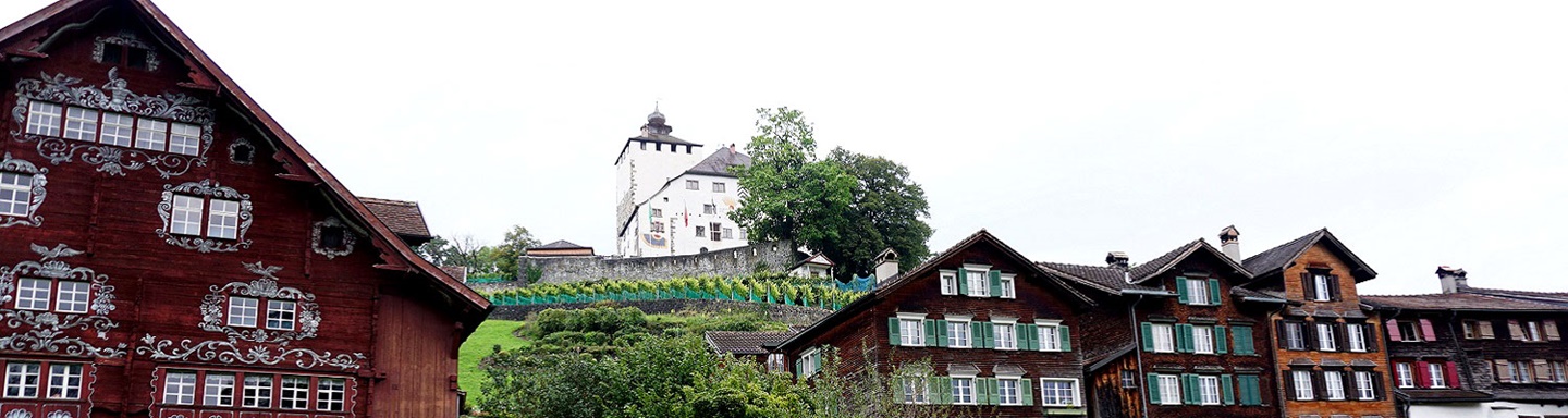 Schöne Ortsansicht von Werdenberg mit dem Schlangenhaus, dem Schloss und den typischen Holzhäusern.
