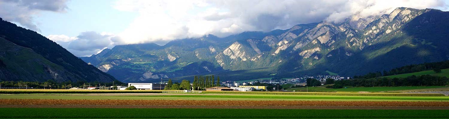 Die Stadt Chur und ihre Hausberge von Domat/Ems aus gesehen.