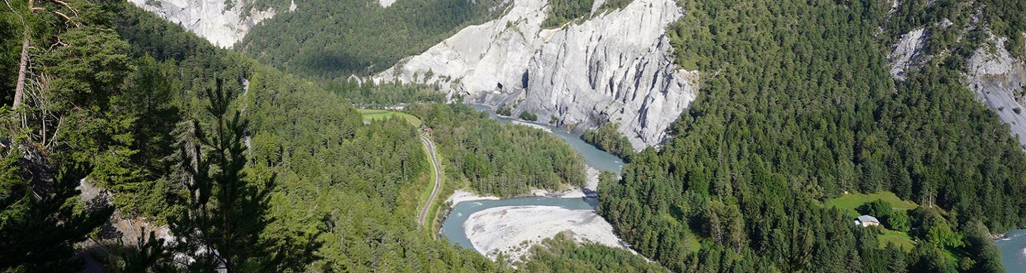 Eine Schleife der idyllischen Rheinschlucht von einem Aussichtspunkt aus gesehen.