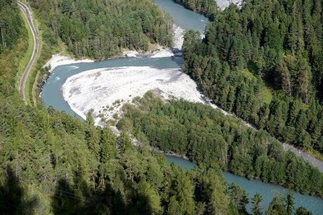 Zwei mächtige Arme des von bewaldeten Steilhängen gesäumten Rheins umfließen eine weiße, teilweise bewaldete Kiesinsel.