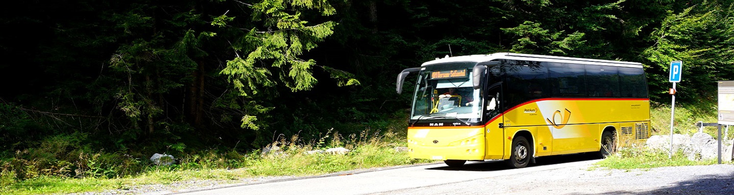 Das PostAuto nach Safien auf dem Weg hinunter in die Rheinschlucht.