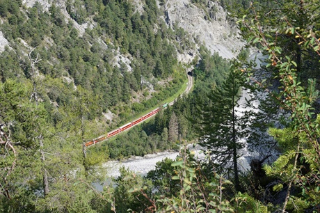 Ein Regionalzug der Rhätischen Bahn in der Rheinschlucht.