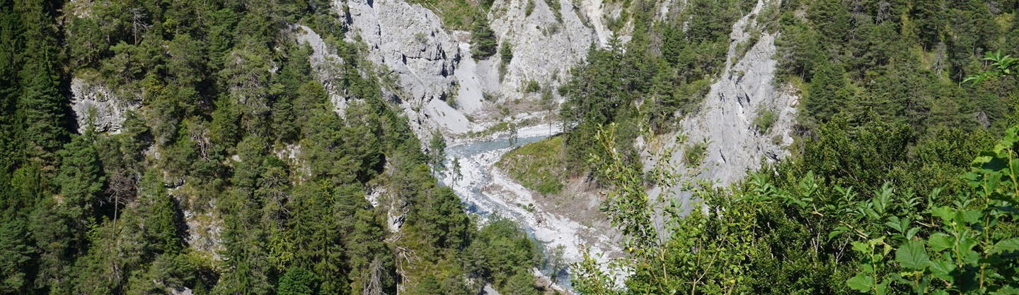 Der wild schäumende Rhein tost durch die von teilweise bewaldeten Steilhängen gesäumte Rheinschlucht.