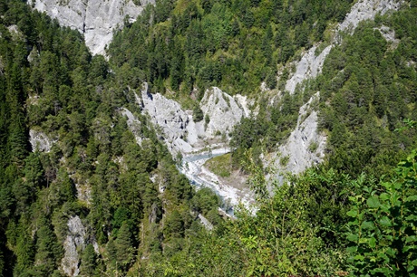 Der türkisblaue, von teilweise bewaldeten Kalk-Steilwänden gesäumte Rhein von der oberhalb verlaufenden Straße aus gesehen.