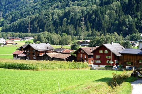 Harmonisch in die Landschaft eingepasste typische Schweizer Holzchalets bei Disentis.