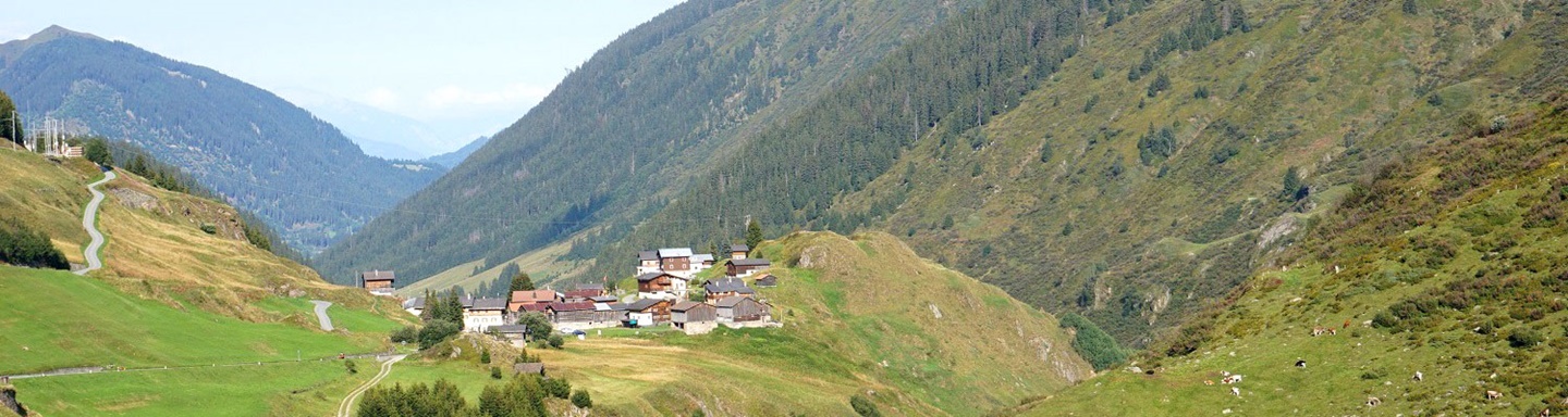 Das Dörfchen Tschamut inmitten der Bergwelt der Surselva.